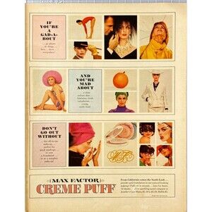 Max Factor Creme Puff Sunlit Look "Natural Looking Lasts for Hours" Vtg Ad 1964